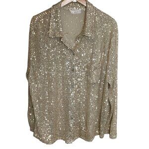 POL Sequin Button Up Blouse L Gold Semi-Sheer Metallic Boho Luxe Long Sleeve Top